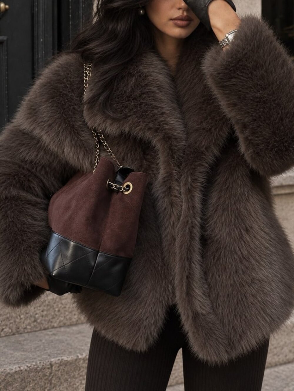 Brown Casual Women's Faux Fur Loose Winter Regular Collar Long Sleeve Jacket